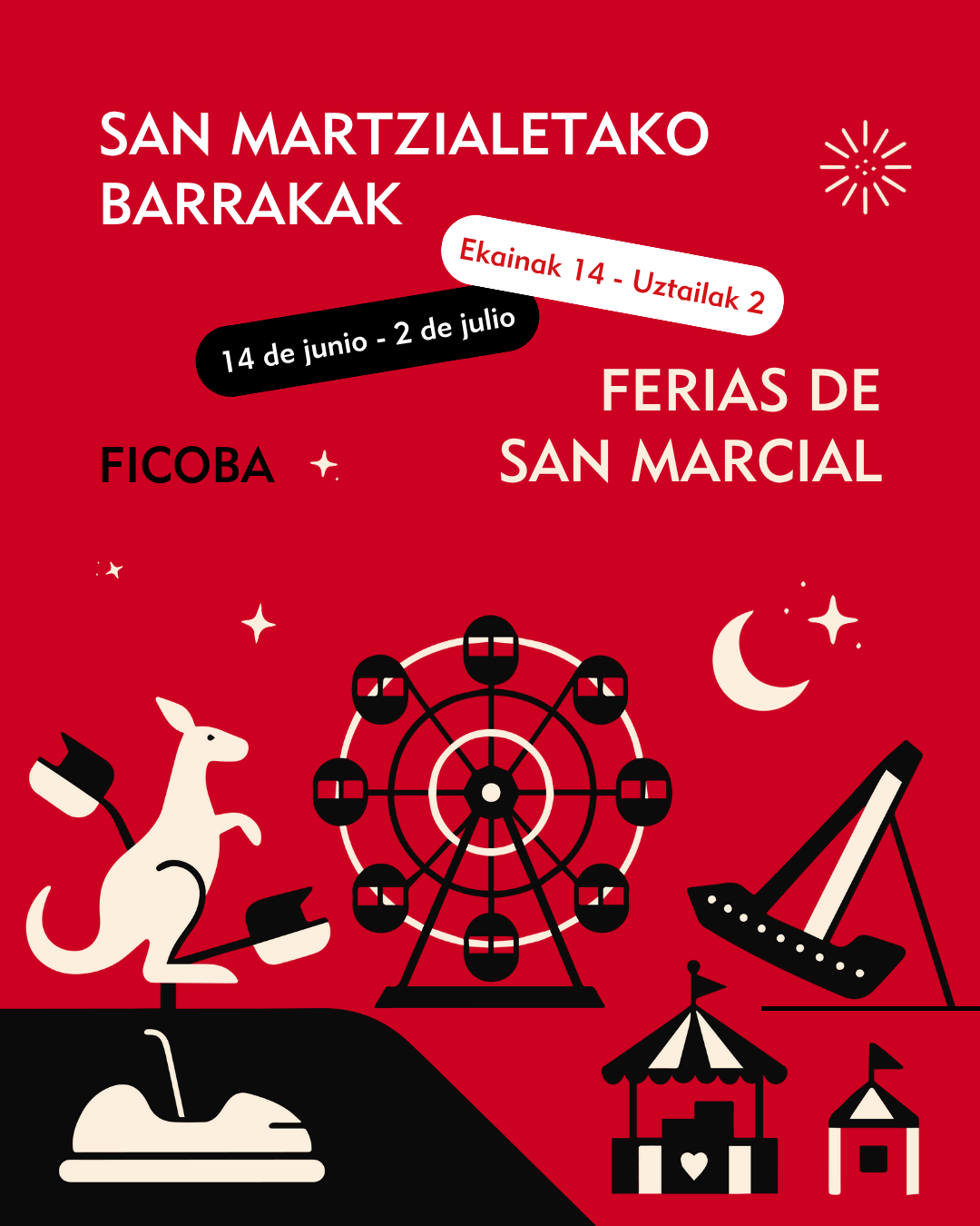Barraka ezberdinak. Distintas ferias sobre fondo rojo.